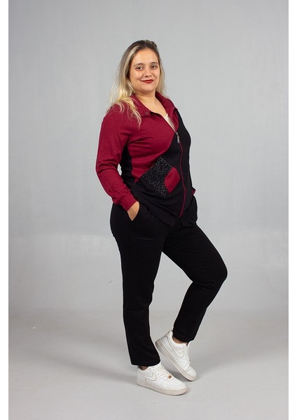 Taş Detaylı Şıklık! Büyük Beden Eşofman Takımı Siyah & Bordo modelleri