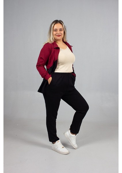 Taş Detaylı Şıklık! Büyük Beden Eşofman Takımı Siyah & Bordo fırsatları