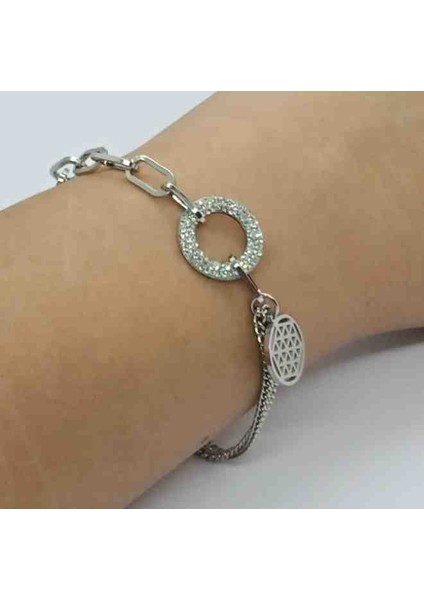 Çelik Silver Halka Zirkon Taşlı Yaşam Çiçeği Charmlı Bileklik