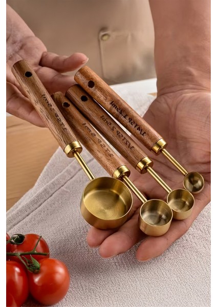 Vasto 4'lü Paslanmaz Çelik Ahşap Saplı Ölçü Kaşığı Seti Ölçü Kabı 1.25ML 2.5ml 5ml 15ML