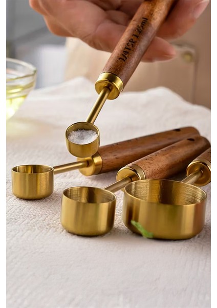 Vasto 4'lü Paslanmaz Çelik Ahşap Saplı Ölçü Kaşığı Seti Ölçü Kabı 1.25ML 2.5ml 5ml 15ML modelleri