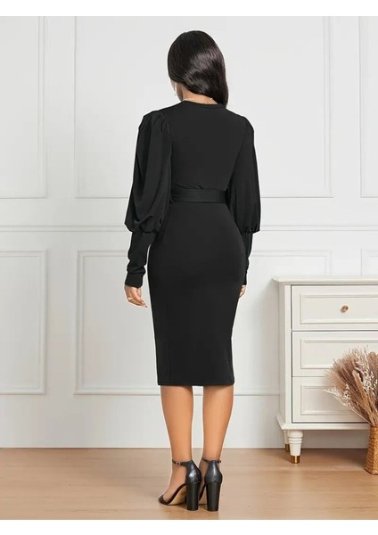 Kadın Uzun Kollu Bisiklet Yaka Beli Kuşaklı Ithal Krep Midi Elbise modelleri