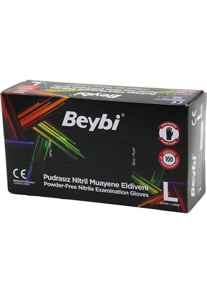 Beybi L Siyah Pudrasız Nitril Muayene Eldiveni 100LÜ (5067)