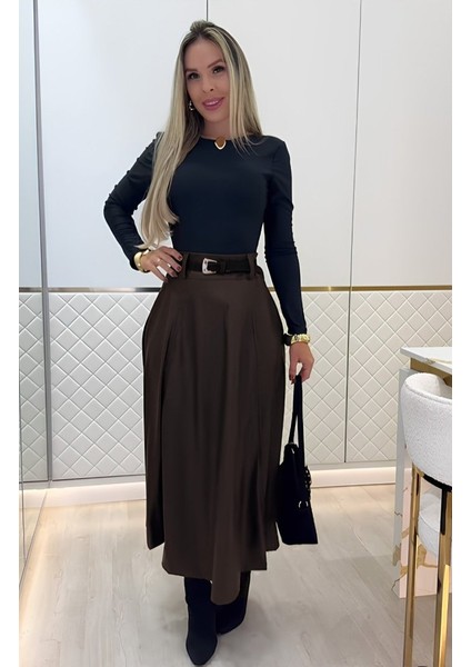 Kadın Yüksek Belli Maxi Deri Kemersiz Etek