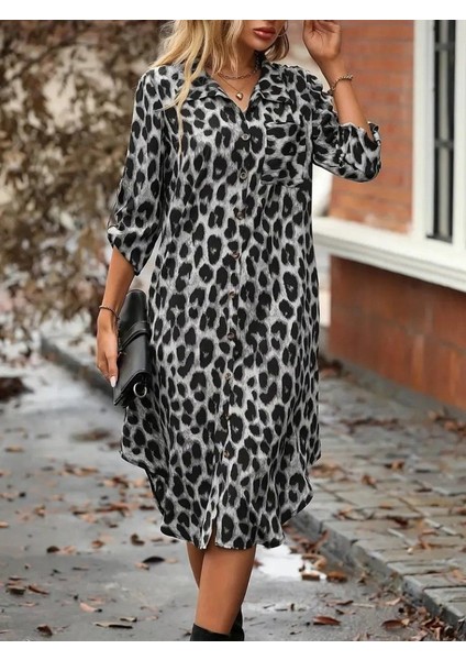 Eyesof Kadın Uzun Kollu Yakalı Önden Düğmeli Leopar Desenli Modal Midi Elbise fiyatları