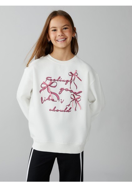 Yeni Sezon Bisiklet Yaka Fiyonk Baskılı Kız Çocuk Sweatshirt