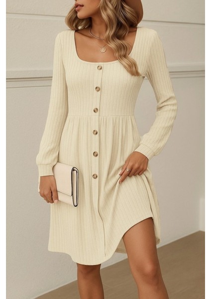 Kadın Uzun Kollu Kare Yaka Düğmeli Kısa Şardonlu Iki Iplik Mini Elbise