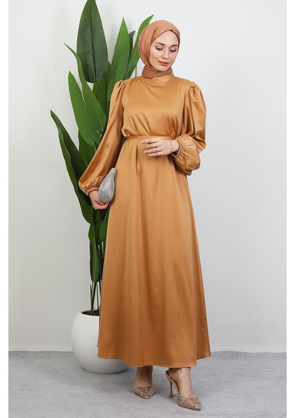 Ince Kuşaklı Saten Elbise Gold fiyatları