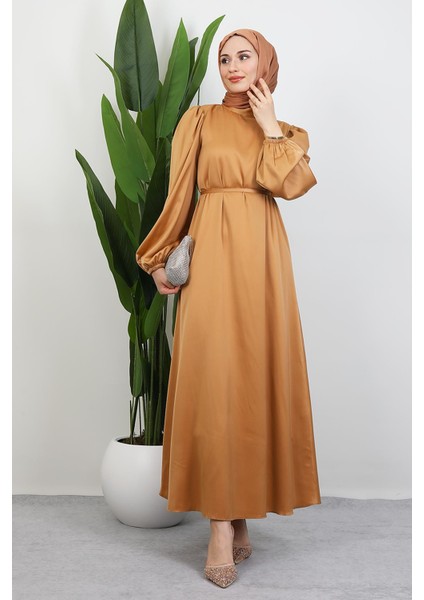 Ince Kuşaklı Saten Elbise Gold modelleri