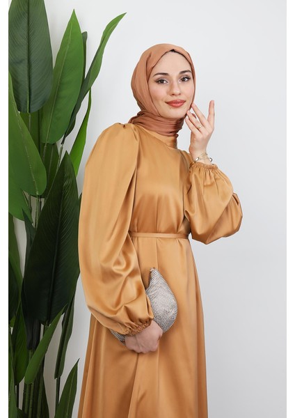 Ince Kuşaklı Saten Elbise Gold indirimleri