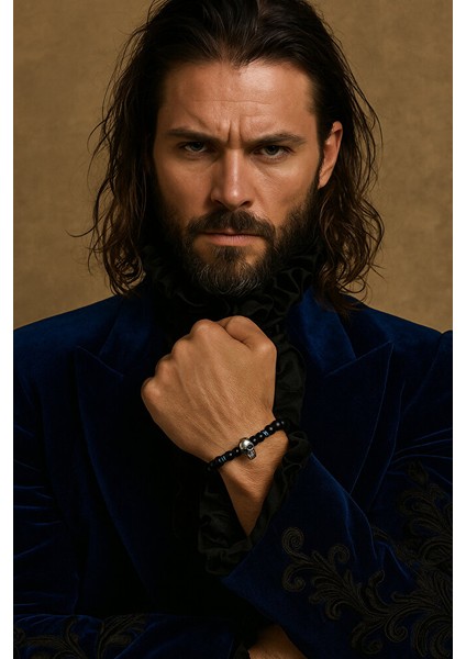 Hematıt Dogal Taşlı Kuru Kafa Detaylı Erkek Bileklik