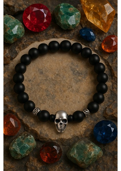 Hematıt Dogal Taşlı Kuru Kafa Detaylı Erkek Bileklik modelleri