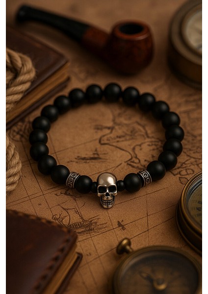 Hematıt Dogal Taşlı Kuru Kafa Detaylı Erkek Bileklik indirimleri