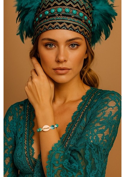 Turkuaz Taşlı Deniz Kabuğu Makrome Bileklik – El Yapımı Ayarlanabilir