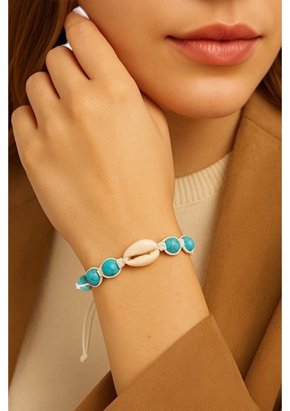 Turkuaz Taşlı Deniz Kabuğu Makrome Bileklik – El Yapımı Ayarlanabilir modelleri