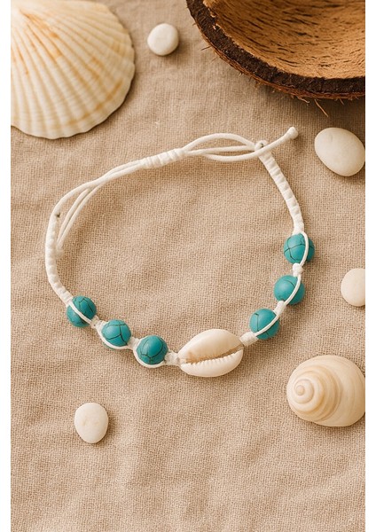 Turkuaz Taşlı Deniz Kabuğu Makrome Bileklik – El Yapımı Ayarlanabilir