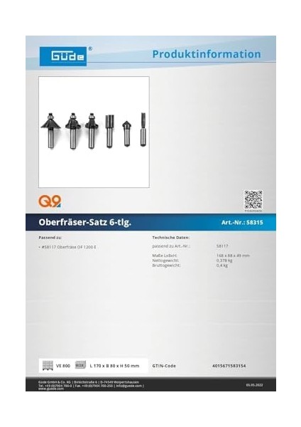 58315 Freze Uç Seti, 6 Parça modelleri