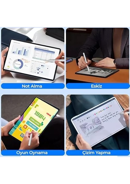 Kondansatör Tablet – Ipad, Tablet ve Tüm Cihazlarla Uyumlu Şarjlı Dokunmatik – Manyetik Tutuş, 6-8 Saat Kullanım – Alaşımlı Tasarım (2 Yedek Uç) modelleri