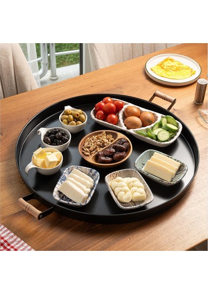 Metal 51CM Ahşap Kulplu Siyah Metal Tepsi Yuvarlak Çay Tepsisi Sunum Tepsisi Tahta Kulplu Büyük Tepsi LN1305S