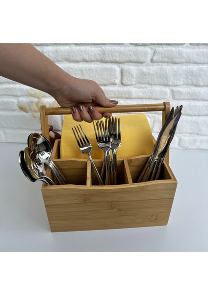 4 Gözlü Çatal Kaşıklık Bıçaklık Peçetelik Kulplu Sepet Çok Amaçlı Bambu Düzenleyici 23*16*12 cm fiyatları