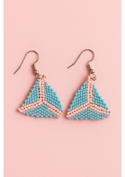 Üçgen Desenli Pembe & Mavi Miyuki Boncuk Küpe - El Yapımı