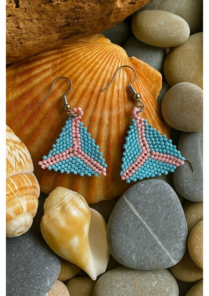 Üçgen Desenli Pembe & Mavi Miyuki Boncuk Küpe - El Yapımı indirimleri