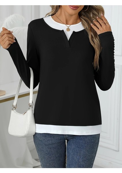 Kadın Uzun Kollu V Yakalı Çift Renkli Viskon Iki Iplik Bluz