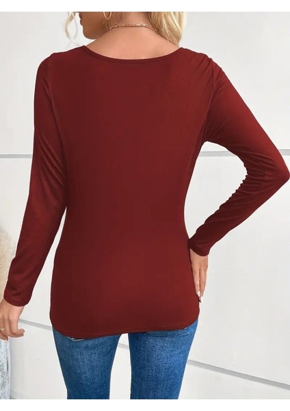 Kadın Uzun Kollu Derin Degaje Yakalı Taşlı Sandy Bluz fırsatları