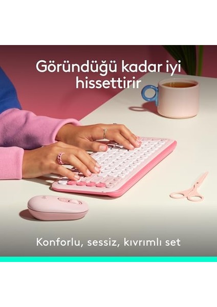 Pop Combo Kablosuz Klavye ve Mouse Seti,, Konforlu Tasarım, Programlanabilir Tuşlar, Sessiz Tıklamalar, 3 Cihaza Kadar -Switch, Türkçe Q Klavye, Pembe modelleri