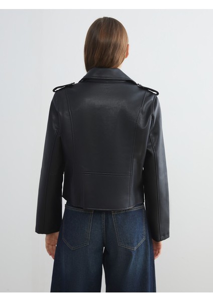 Yeni Sezon Biker Yaka Kadın Deri Görünümlü Ceket indirimleri