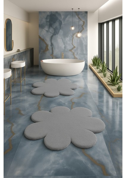 Yuvarlak Papatya Şekilli Ikili Banyo Paspası 80X80 ve 60X60, Yumuşak ve Soft Dokunuşlu