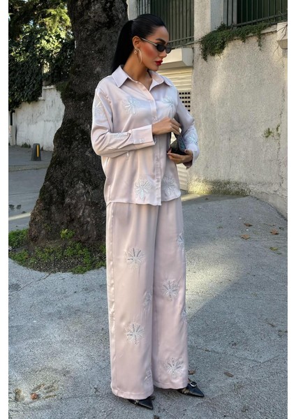Pul Payetli Simli Çiçekli Saten Ikili Takım 10044 R6-A-K3
