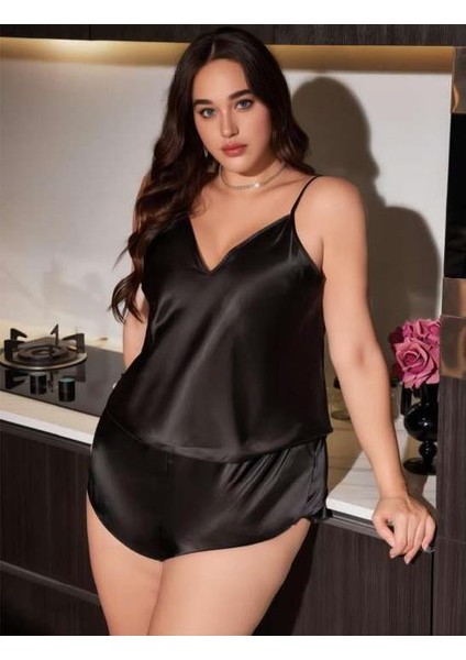 Amorasecret Amorasecret Büyük Beden Siyah Saten Şortlu Takım