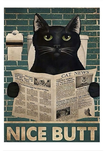 Kedi ve Tuvalet Keyfi Modern Ahşap Tablo, 25CM x 35CM