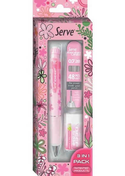 Doğa Desenli Deep Kalem, Deep Silgi ve Deep Min, 0.7 Mm, Şeker Pembe