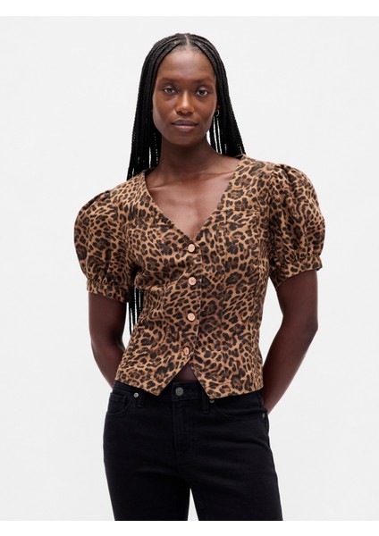 Kadın Kahverengi Puff-Sleeve Seamed Bluz