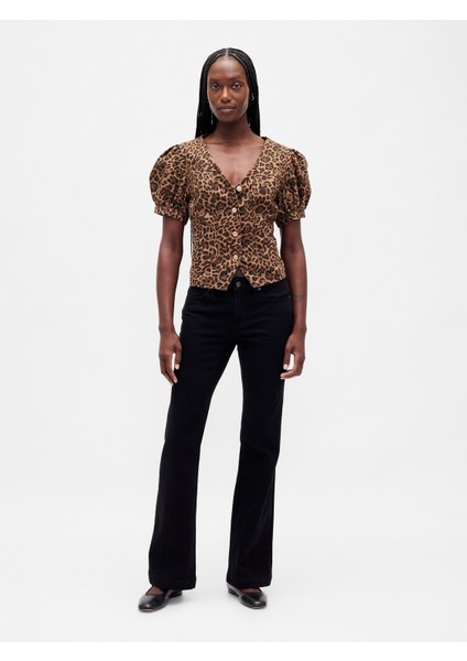 Kadın Kahverengi Puff-Sleeve Seamed Bluz