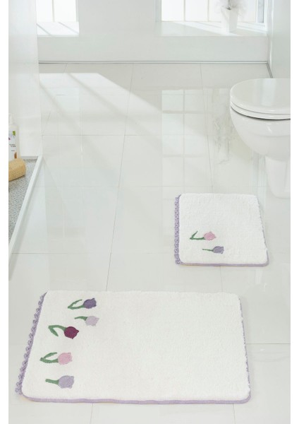 Beyaz Örme Aplike 2'li Banyo Paspası, Şık ve Yumuşak Kullanım Sağlar