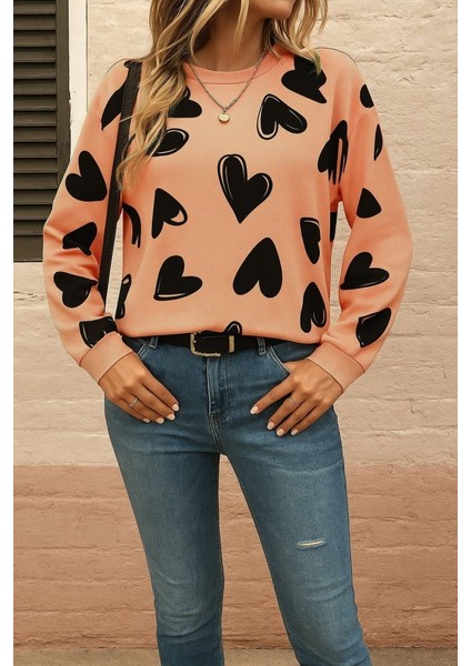 Kadın Uzun Kollu Bisiklet Yaka Kalp Desenli Iki Iplik Bluz