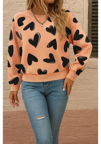 Kadın Uzun Kollu Bisiklet Yaka Kalp Desenli Iki Iplik Bluz fiyatları