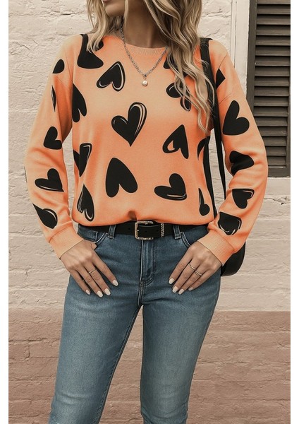 Kadın Uzun Kollu Bisiklet Yaka Kalp Desenli Iki Iplik Bluz modelleri