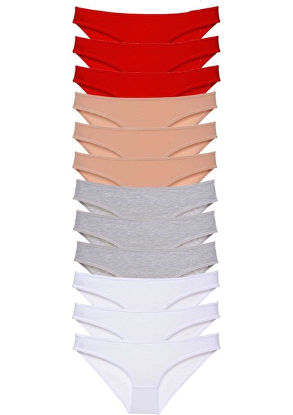 12 Adet Süper Eko Set Likralı Kadın Slip Külot Kırmızı Ten Gri Beyaz