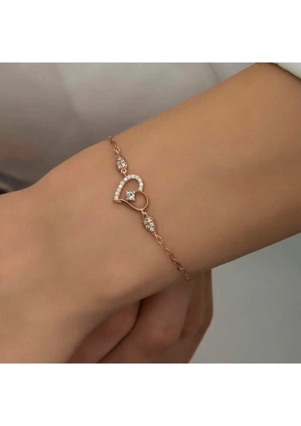 925 Ayar Gümüş Rose Kalpli Tektaş Kadın Bileklik fiyatları