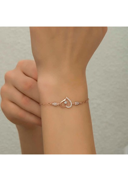 925 Ayar Gümüş Rose Kalpli Tektaş Kadın Bileklik modelleri