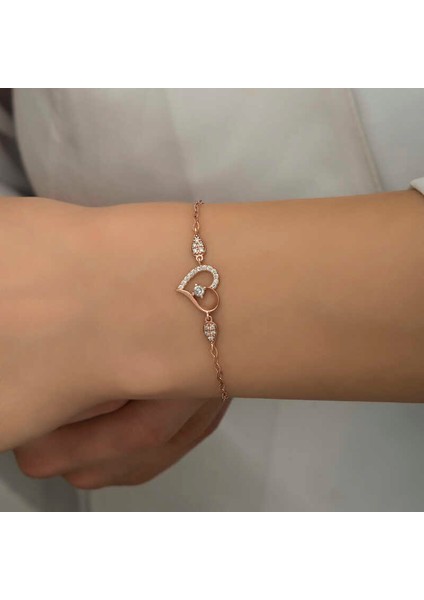 925 Ayar Gümüş Rose Kalpli Tektaş Kadın Bileklik indirimleri