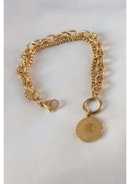 316L Çelik Gold Renk 2'li Zincir Model Çeyrek Altınlı Kadın Bileklik
