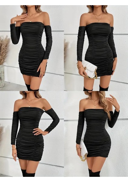 Kadın Uzun Kollu Omuzlardan Açık Takma Kollu Büzgülü Sandy Kısa Elbise modelleri