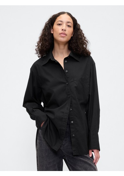 Kadın Siyah Organik Pamuk Poplin Big Gömlek