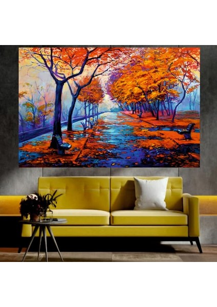 Sonbahar ve Renkli Yaprak Manzaralı Sanatsal Dekoratif Duvar Tablosu (70X100 Cm)