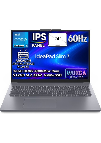 Ideapad Slim 3 16IRH10 Intel Core I5-13420H 16GB 512GB SSD 16" Wuxga (1920X1200) IPS Panel Windows 11 Pro Taşınabilir Dizüstü Bilgisayar 83K20073TR